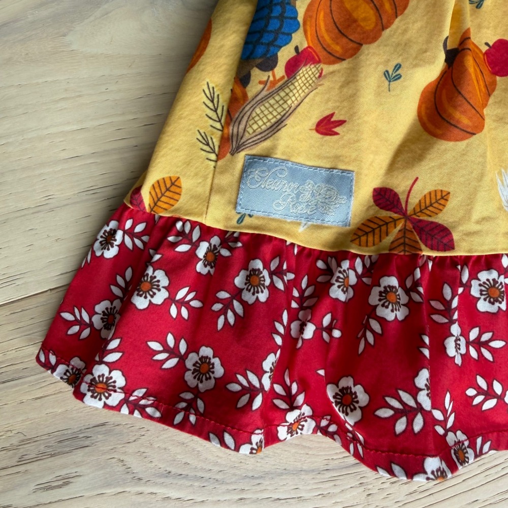 Eleanor Rose Girls Thanksgiving Turkey Pumpkin Ruffle Dress Blue Yellow Red Sz 8 - Picture 2 of 6
